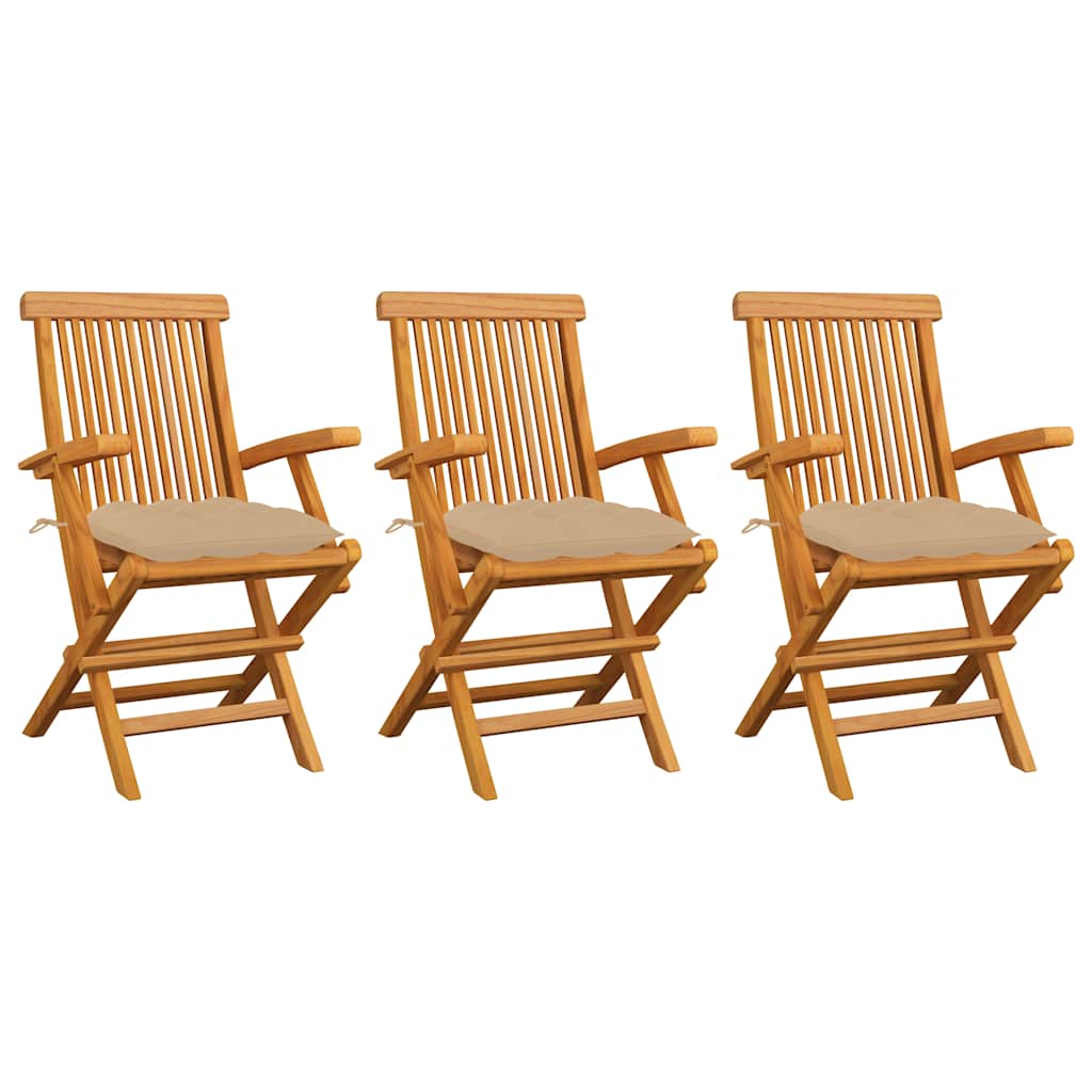 havestole med beige hynder 3 stk. massivt teaktræ