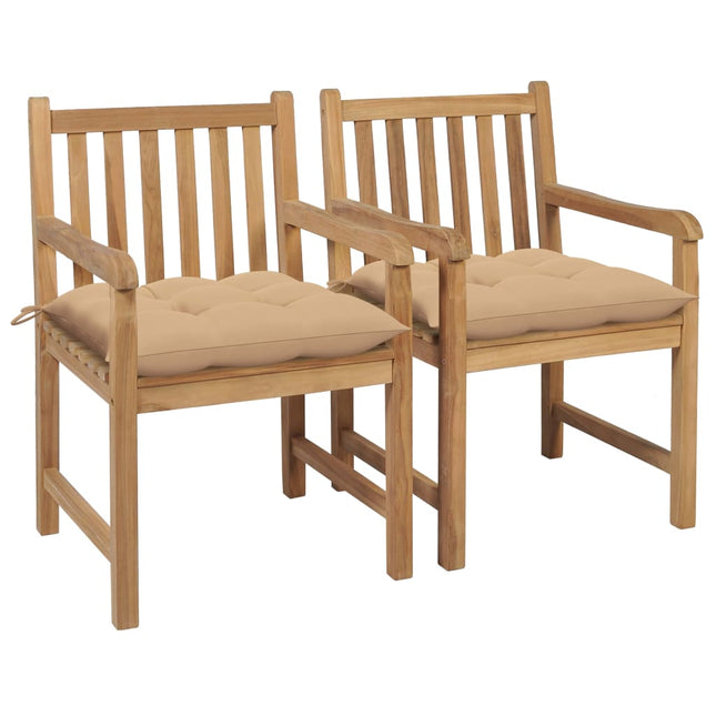 havestole 2 stk. med beige hynder massivt teaktræ