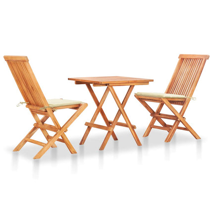 bistrosæt 3 dele med cremefarvede hynder massivt teaktræ