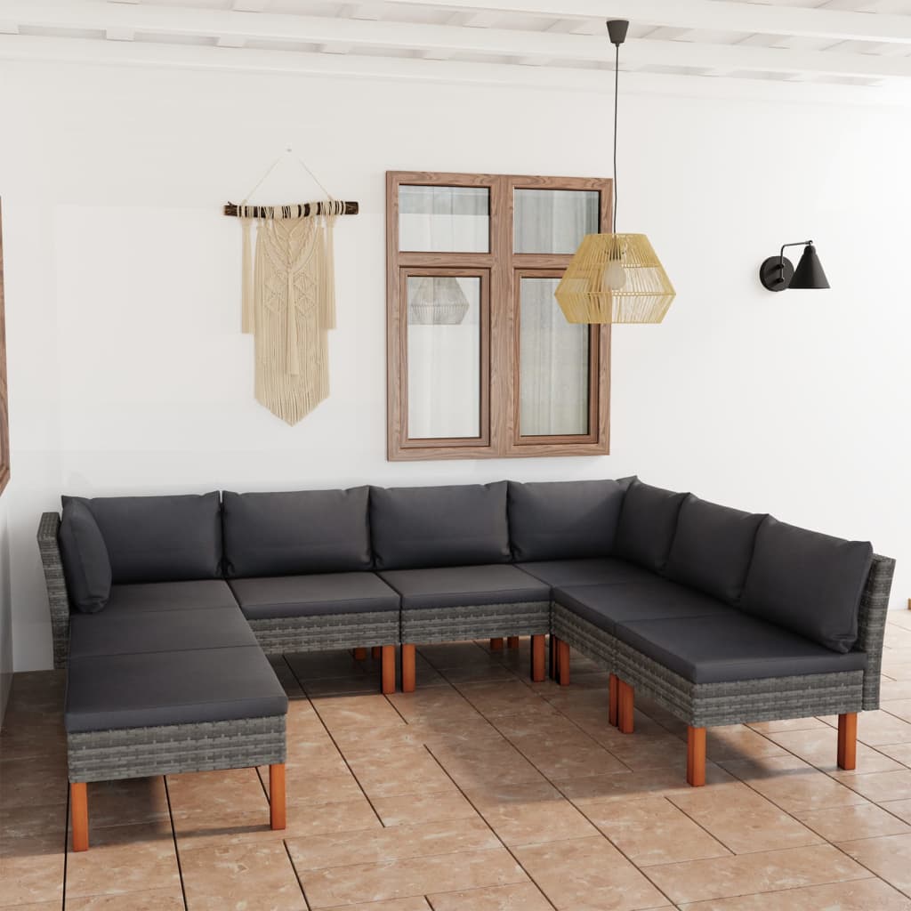 loungesæt til haven 8 dele med hynder polyrattan grå