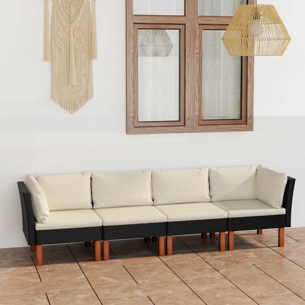 4-personers havesofa i sort polyrattan med creme hynder