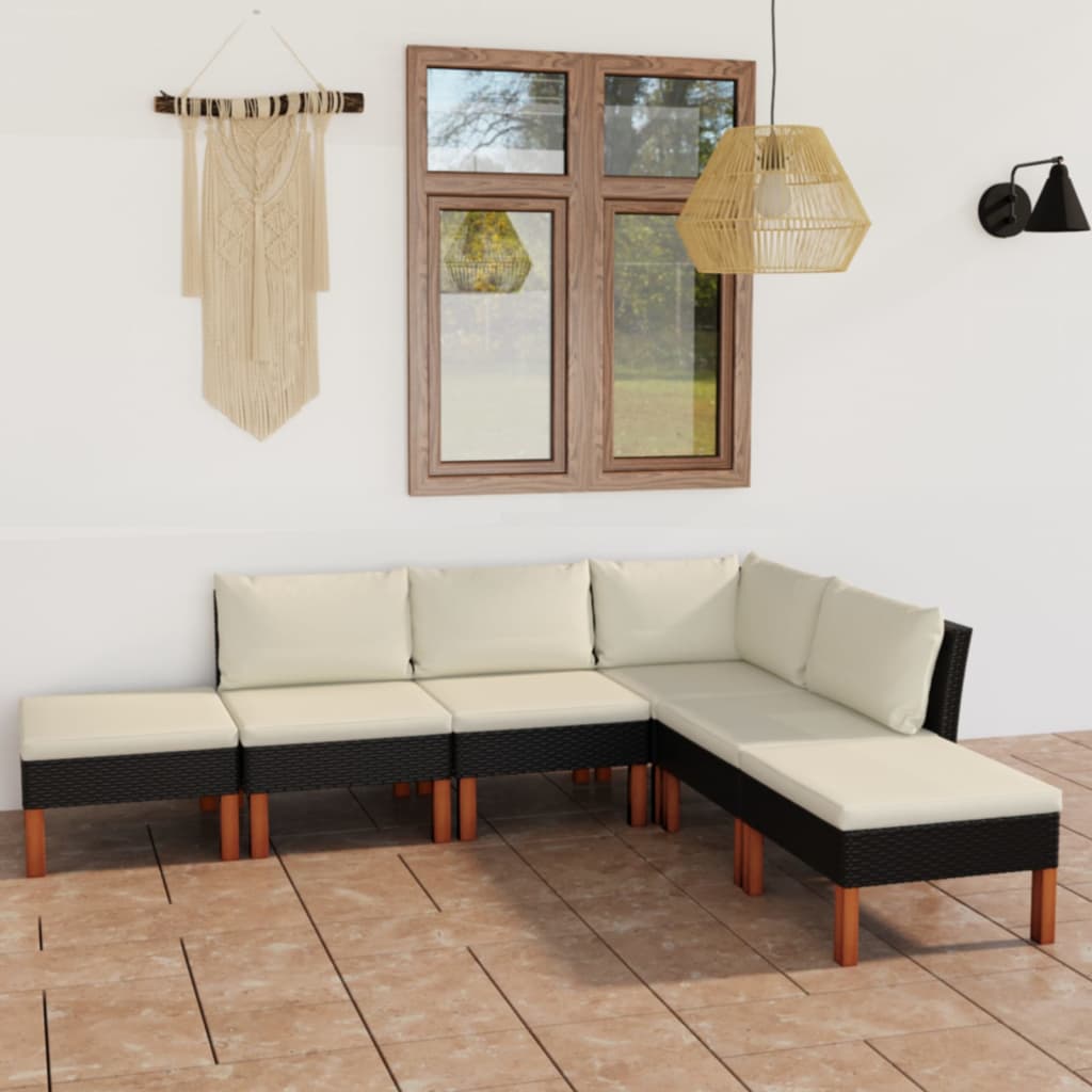 loungesæt til haven 6 dele med hynder polyrattan sort