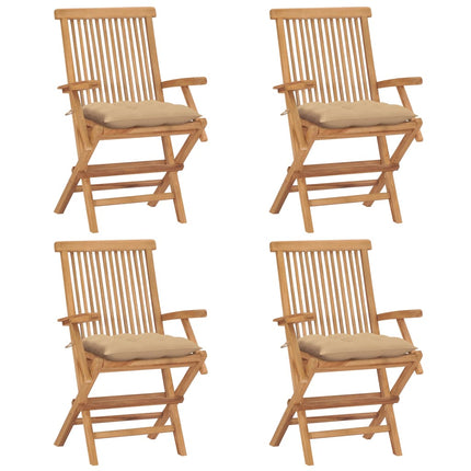 Klapstole med beige hynder 4 stk. massivt teaktræ