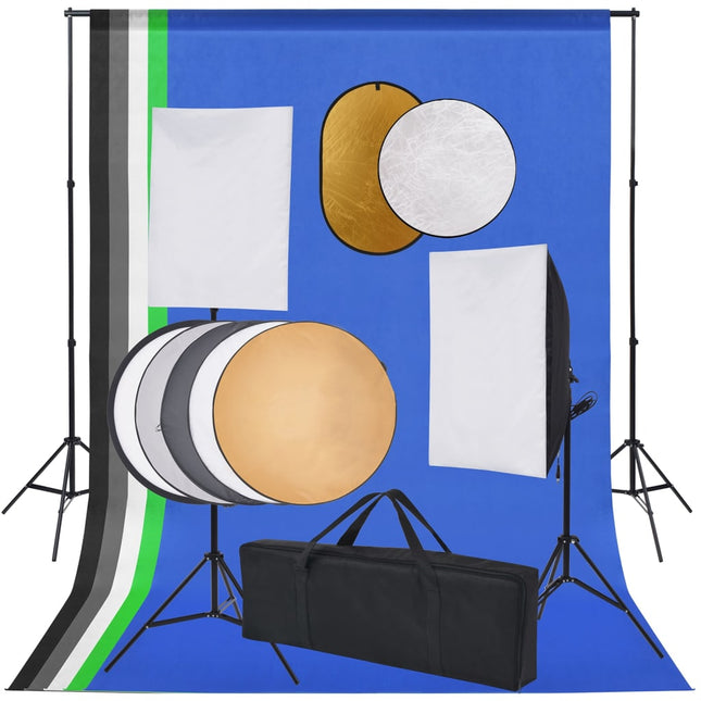 fotostudiesæt med softbox-lamper, baggrund og reflektor