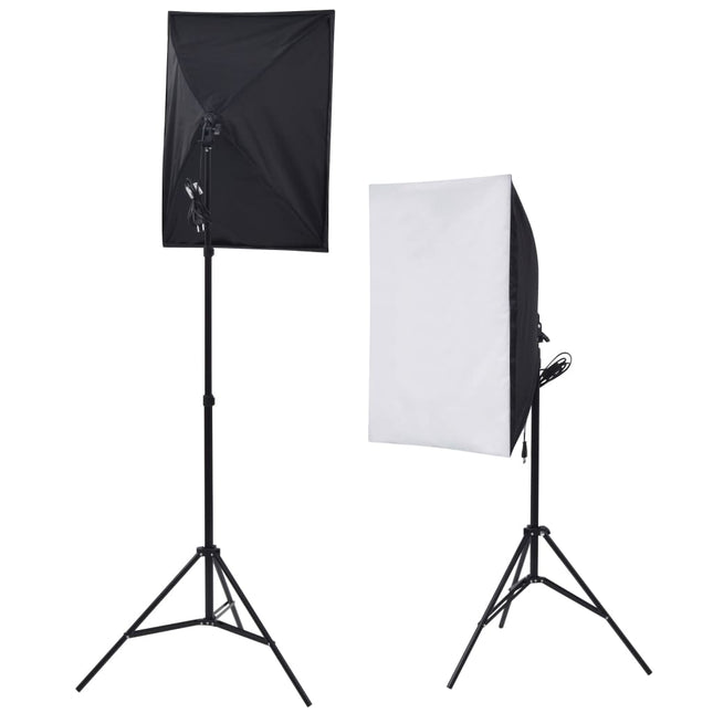 fotostudiesæt med softbox-lamper, baggrund og reflektor