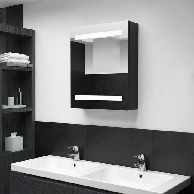 badeværelsesskab med spejl + LED 50x14x60 cm MDF sort