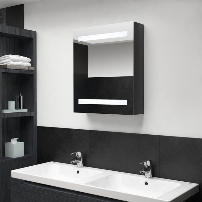 badeværelsesskab med spejl + LED-lys 50x14x60 cm blank sort