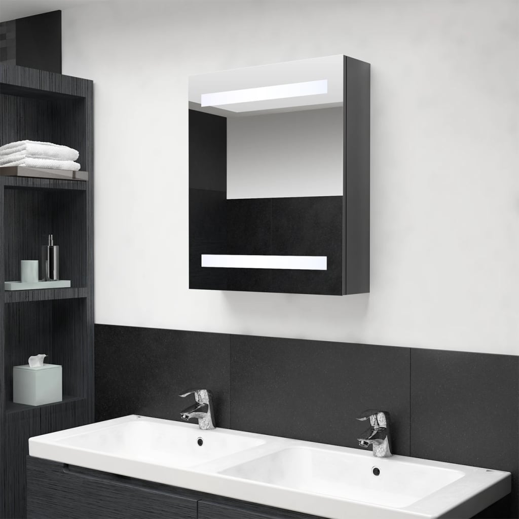 badeværelsesskab med spejl + LED-lys 50x14x60 cm skinnende grå