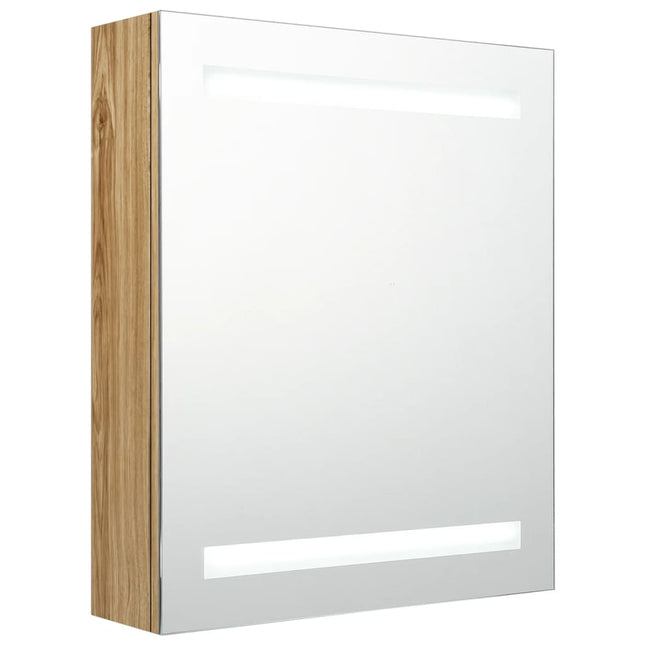badeværelsesskab med spejl + LED-lys 50x14x60 cm egetræsfarve