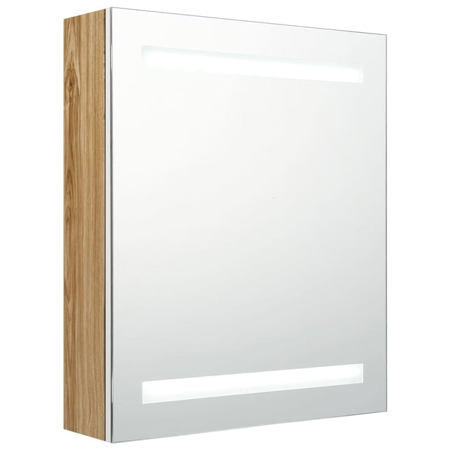 badeværelsesskab med spejl + LED-lys 50x14x60 cm egetræ og hvid