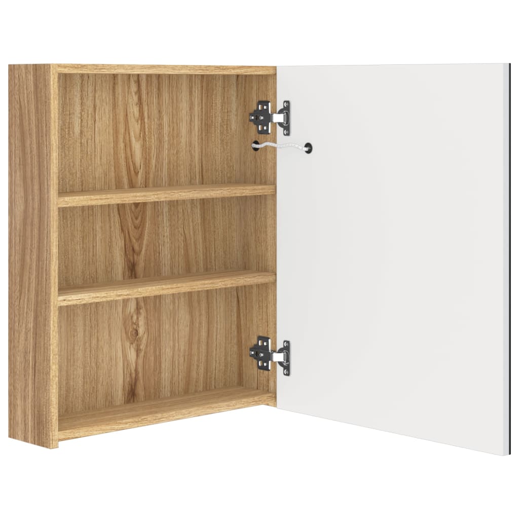 badeværelsesskab med spejl + LED-lys 50x14x60 cm egetræ og hvid