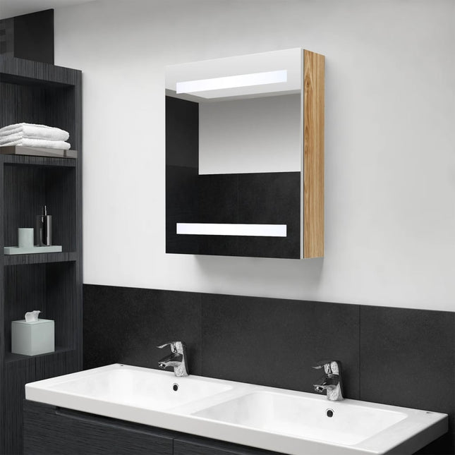 badeværelsesskab med spejl + LED-lys 50x14x60 cm egetræ og hvid