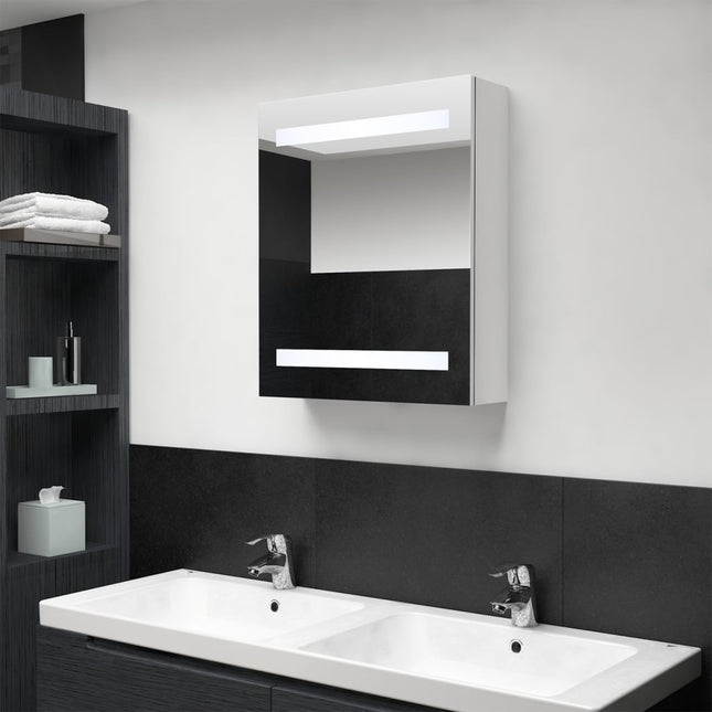 badeværelsesskab med spejl + LED-lys 50x14x60 cm blank hvid
