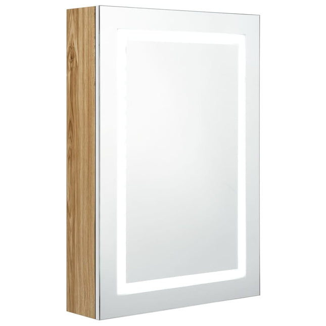 badeværelsesskab med spejl + LED-lys 50x13x70 cm hvid og egetræ