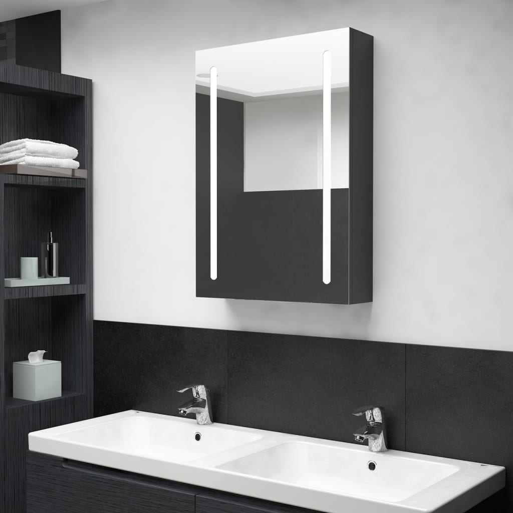 badevrelsesskab med spejl + LED-lys 50x13x70 cm skinnende sort