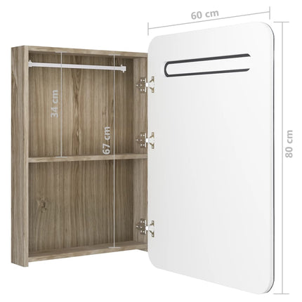 badeværelsesskab med spejl + LED-lys 60x11x80 cm hvid og egetræ