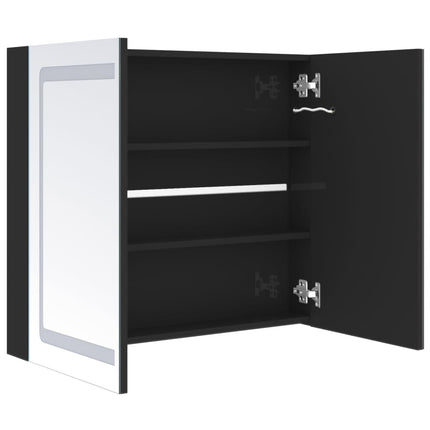 badeværelsesskab med spejl + LED-lys 80x12x68 cm skinnende sort
