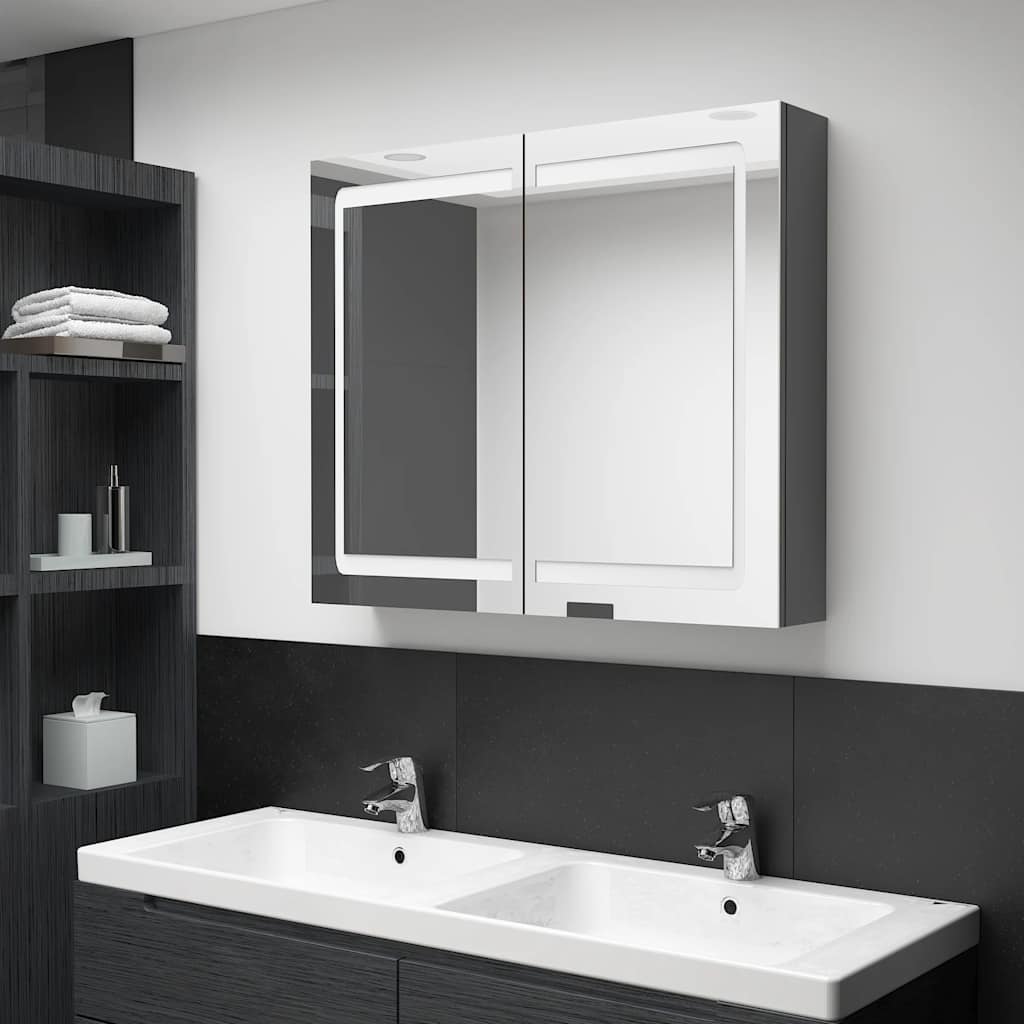 badevrelsesskab med spejl + LED-lys 80x12x68 cm gr