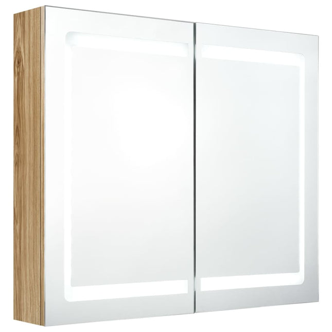 badeværelsesskab med spejl + LED-lys 80x12x68 cm egetræsfarvet
