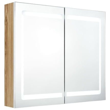 badeværelsesskab med spejl + LED-lys 80x12x68 cm egetræ og hvid