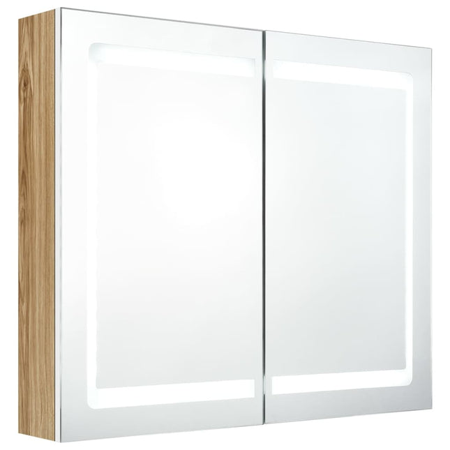 badeværelsesskab med spejl + LED-lys 80x12x68 cm egetræ og hvid