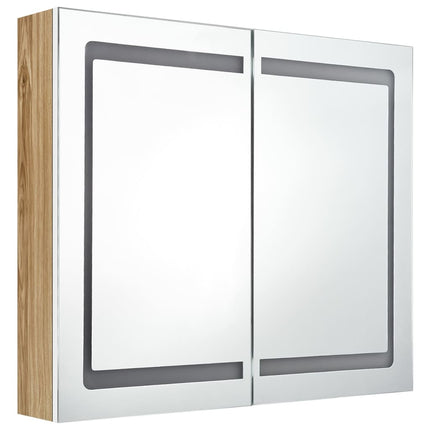 badeværelsesskab med spejl + LED-lys 80x12x68 cm egetræ og hvid