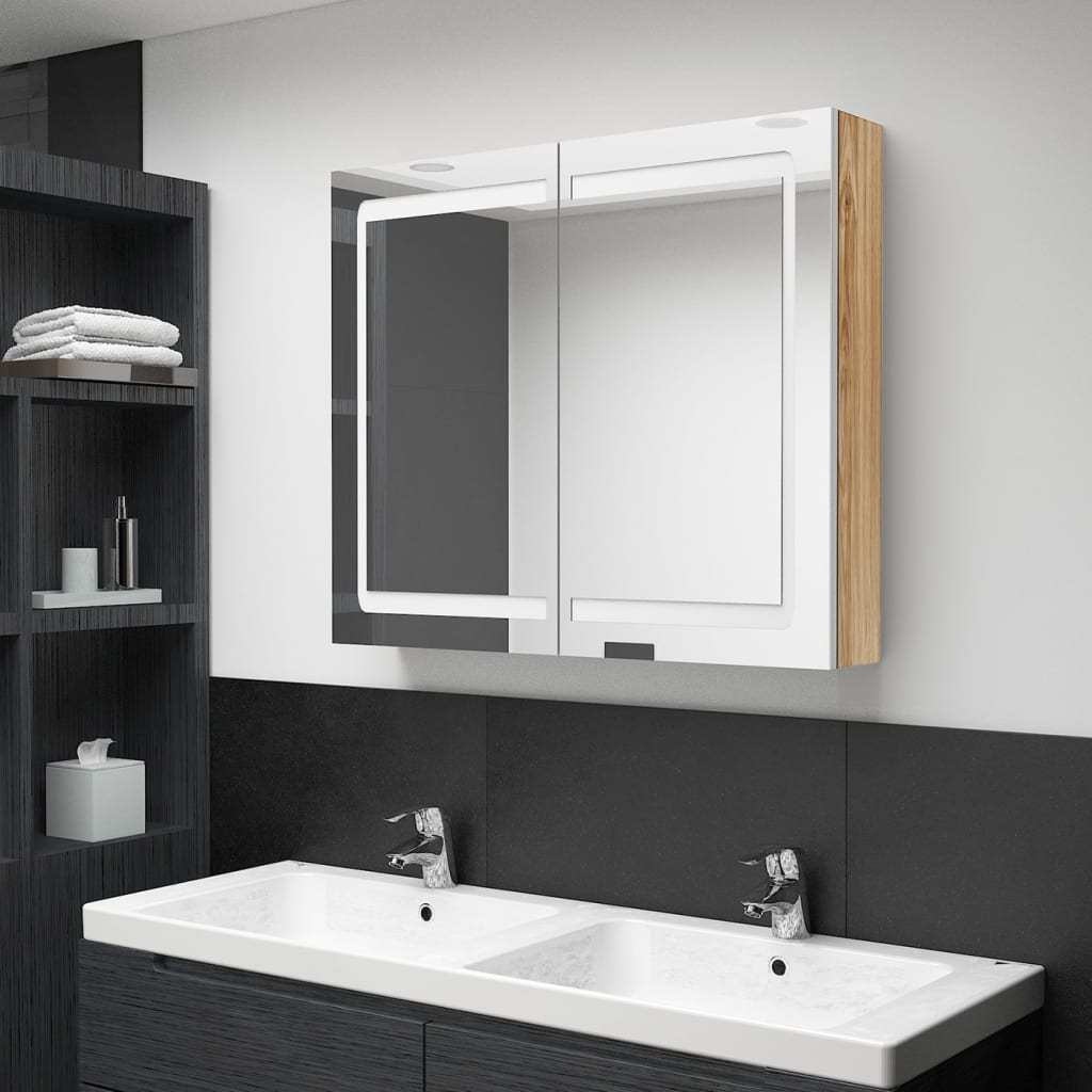 badevrelsesskab med spejl + LED-lys 80x12x68 cm egetr og hvid