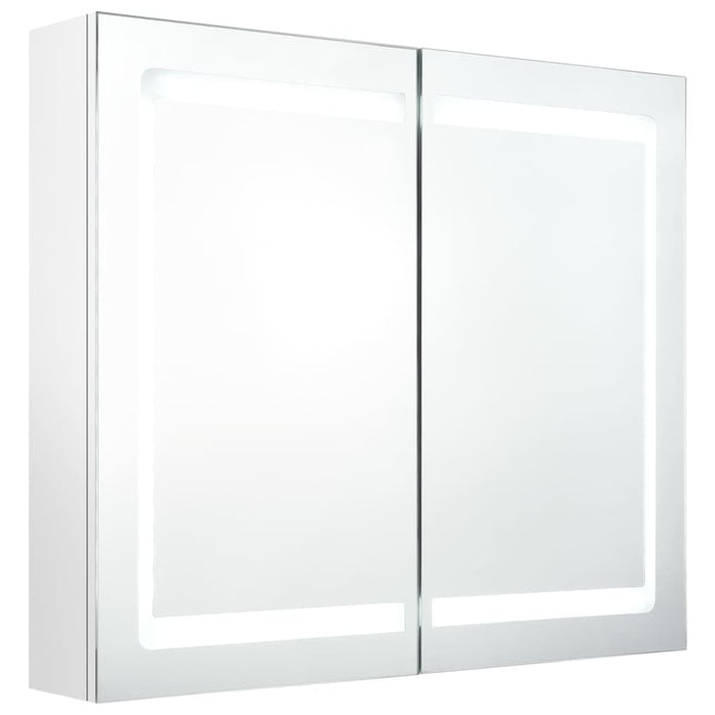 badeværelsesskab med spejl + LED-lys 80x12x68 cm skinnende hvid
