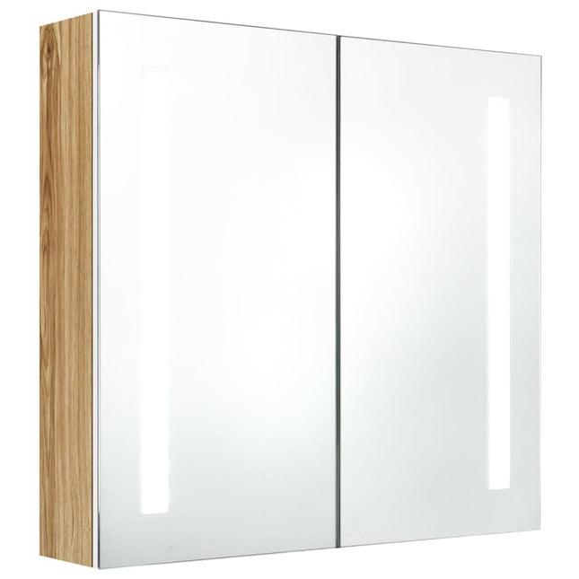 badeværelsesskab med spejl + LED-lys 62x14x60 cm hvid og egetræ