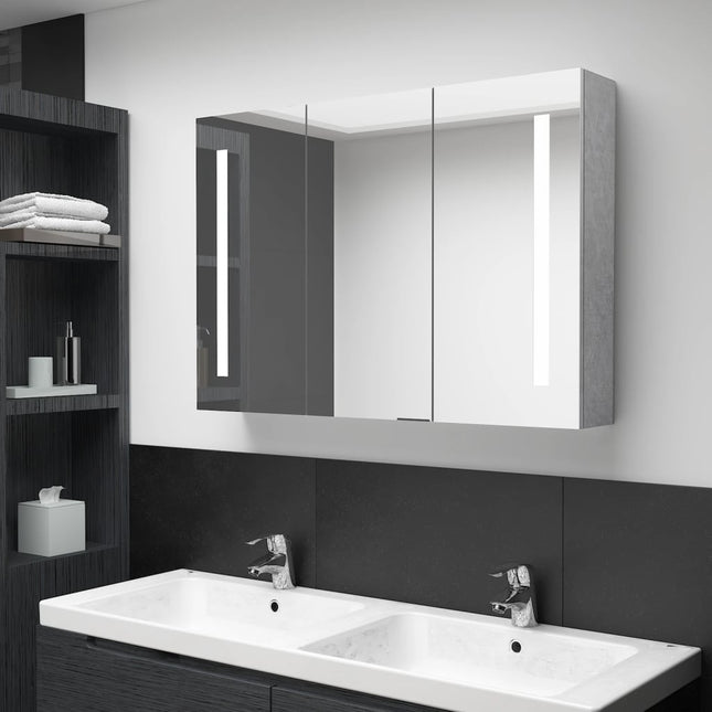 badeværelsesskab med spejl + LED-lys 89x14x62 cm betongrå