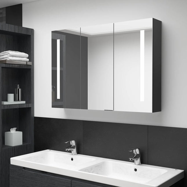 badeværelsesskab med spejl + LED-lys 89x14x62 cm skinnende sort
