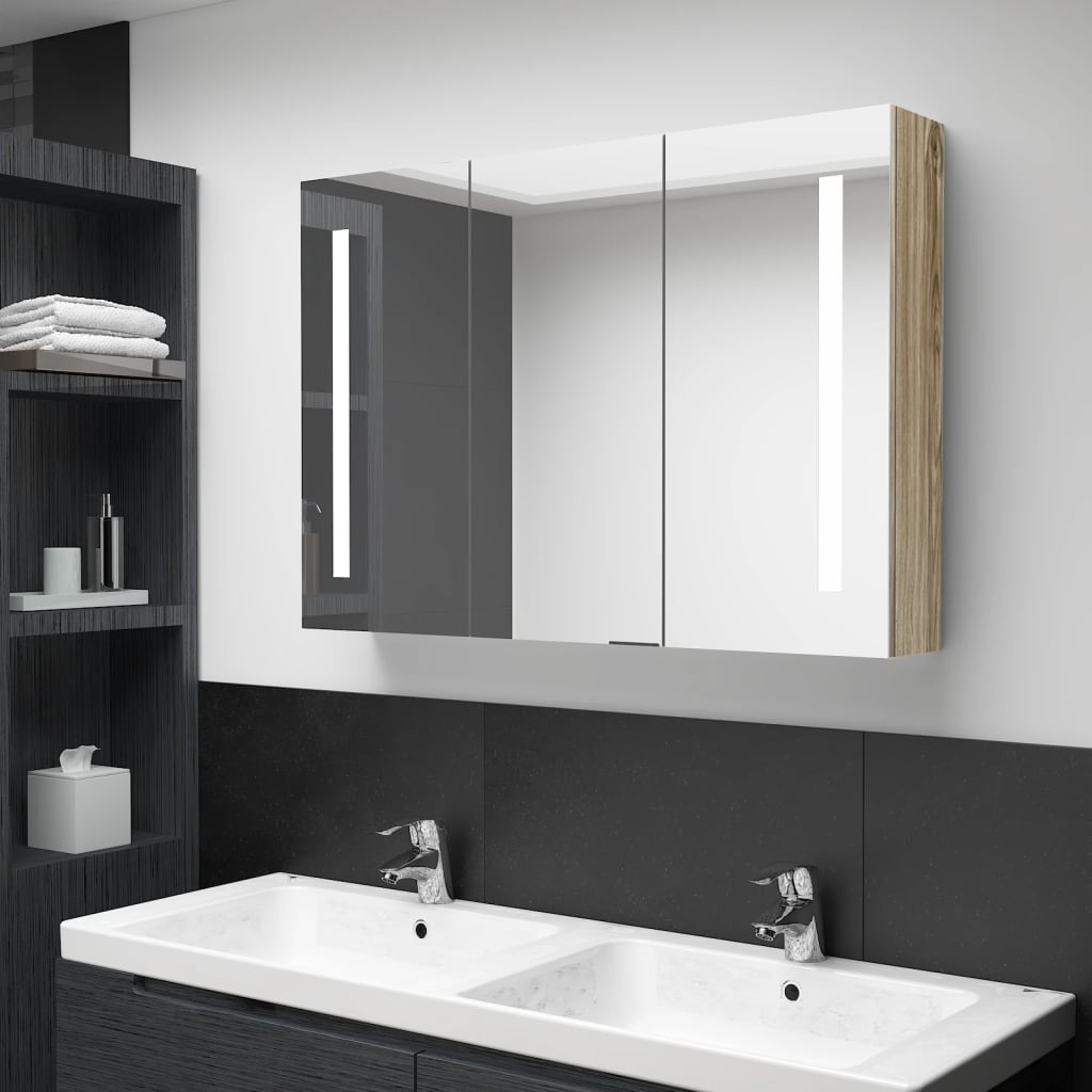 badevrelsesskab med spejl + LED-lys 89x14x62 cm egetrsfarvet