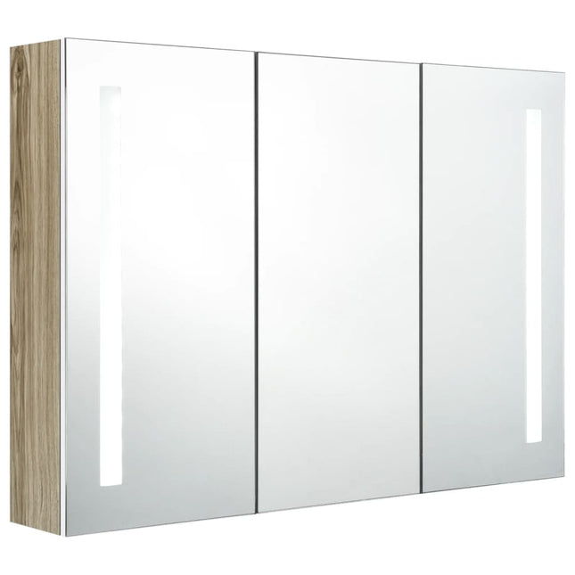 badeværelsesskab med spejl + LED-lys 89x14x62 cm hvid og egetræ