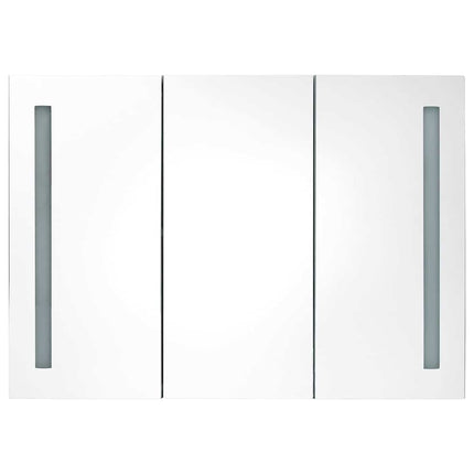 badeværelsesskab med spejl + LED-lys 89x14x62 cm hvid og egetræ