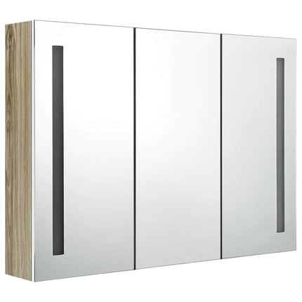badeværelsesskab med spejl + LED-lys 89x14x62 cm hvid og egetræ