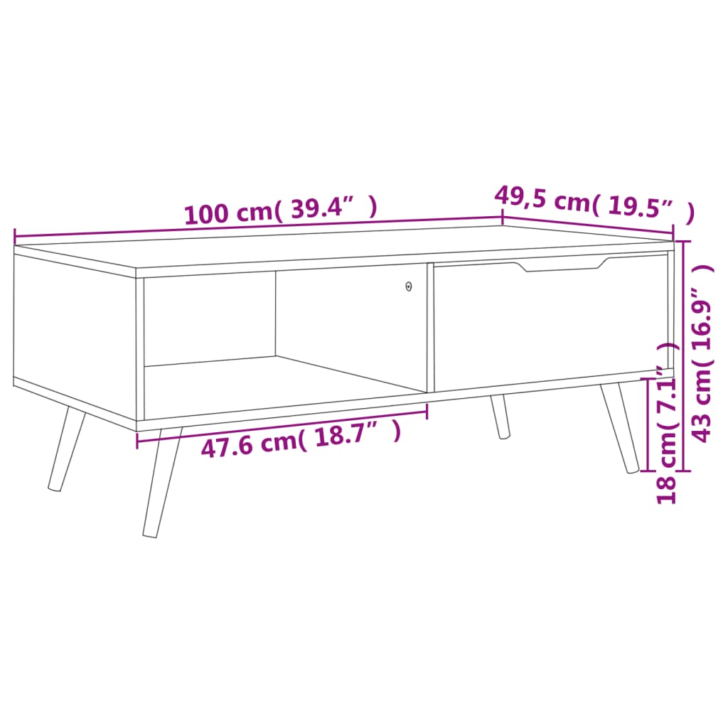 sofabord 100x49,5x43 cm konstrueret træ sonoma-eg