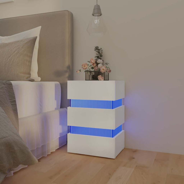 sengebord med LED 45x35x67 cm konstrueret træ hvid