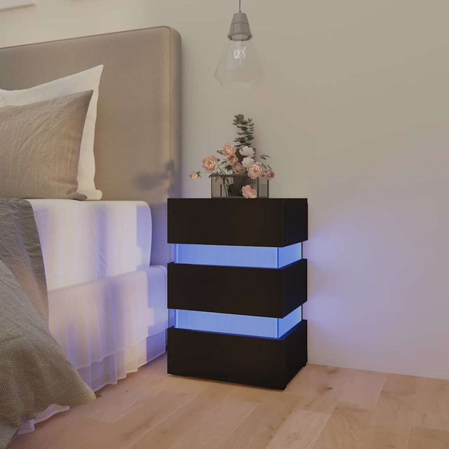 sengebord med LED 45x35x67 cm konstrueret træ sort