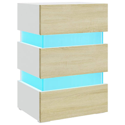 sengebord med LED 45x35x67 cm konstrueret træ hvid og sonoma-eg