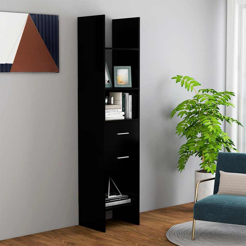 Bogreol i sort konstrueret træ - 40 × 35 × 180 cm med 4 rum og 2 skuffer