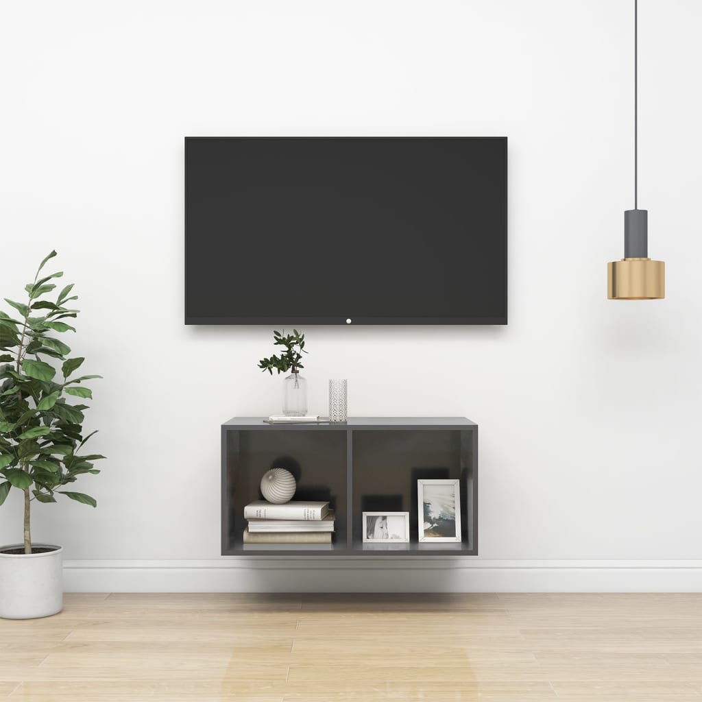 væghængt tv-bord 37x37x72 cm konstrueret træ grå højglans