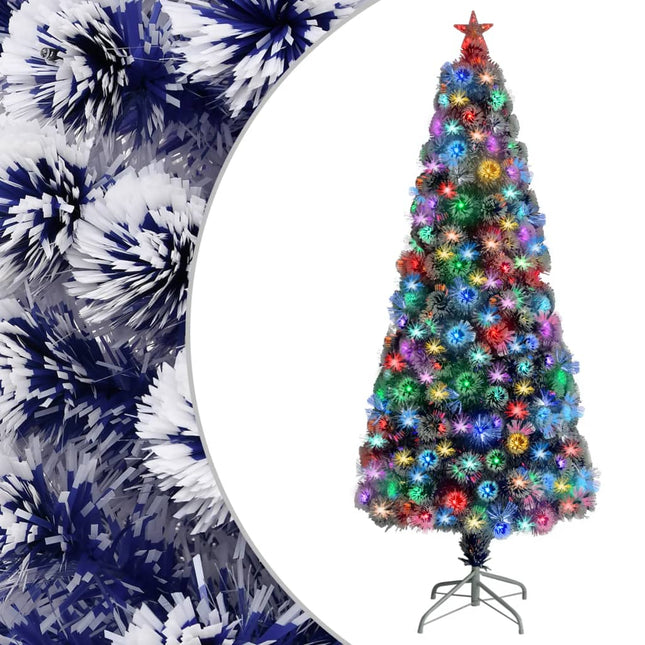 kunstigt juletræ med lys 180 cm fiberoptisk hvid og blå