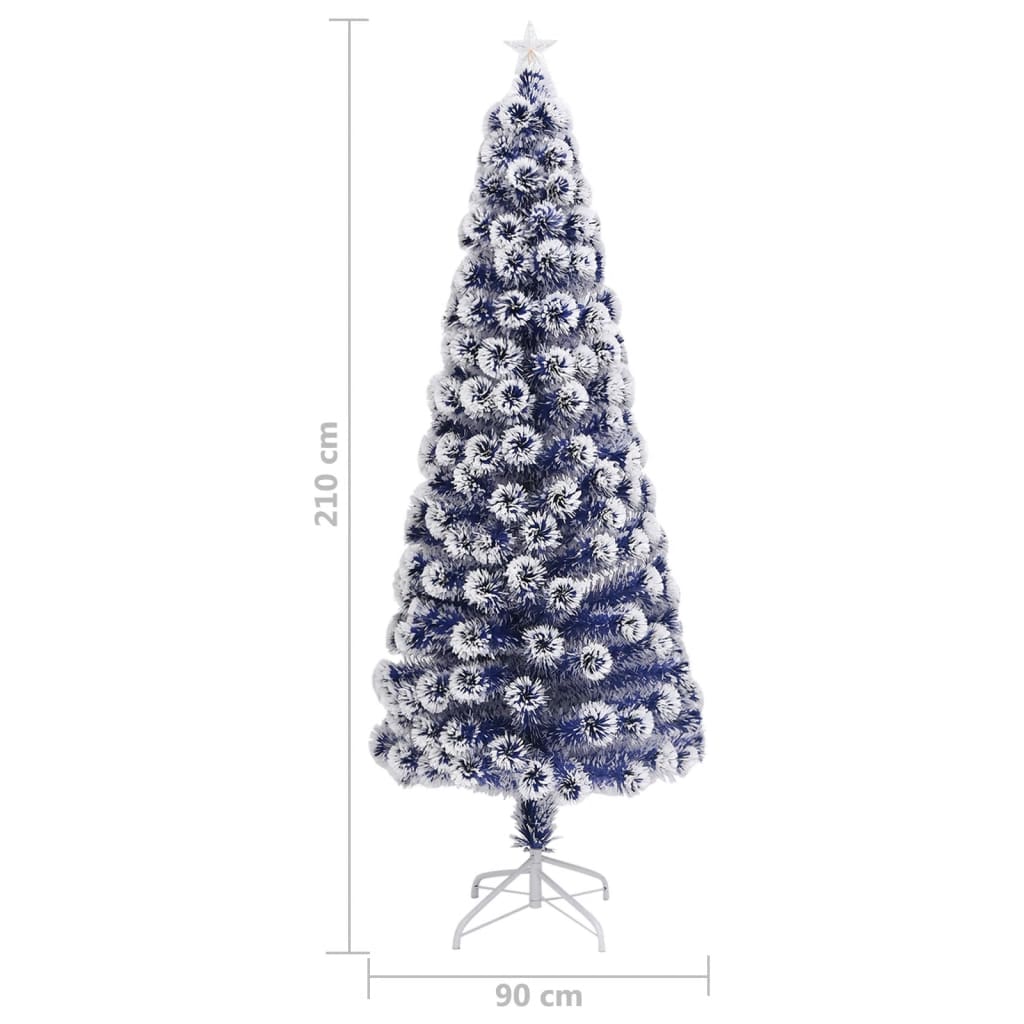 kunstigt juletræ med lys 210 cm fiberoptisk hvid og blå