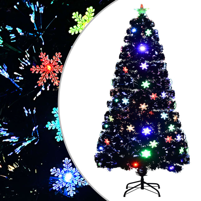 juletræ med LED-snefnug 120 cm fiberoptik sort