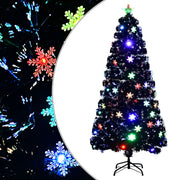juletræ med LED-snefnug 150 cm fiberoptik sort