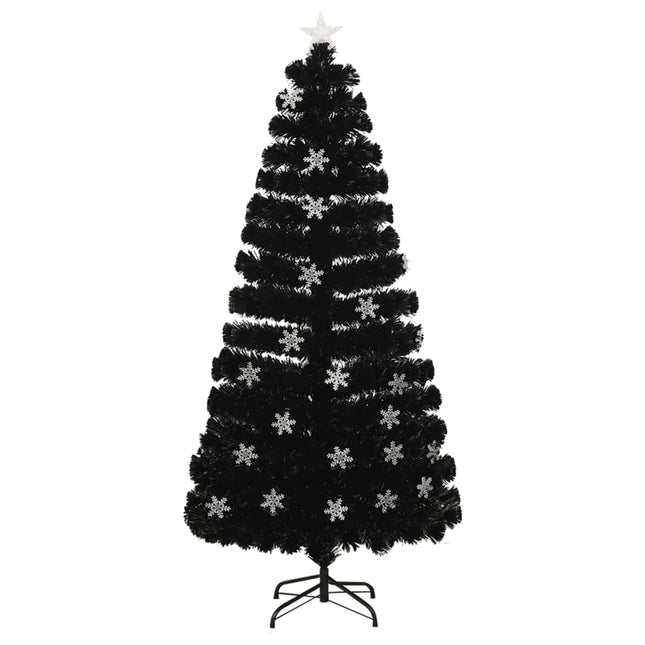 juletræ med LED-snefnug 150 cm fiberoptik sort