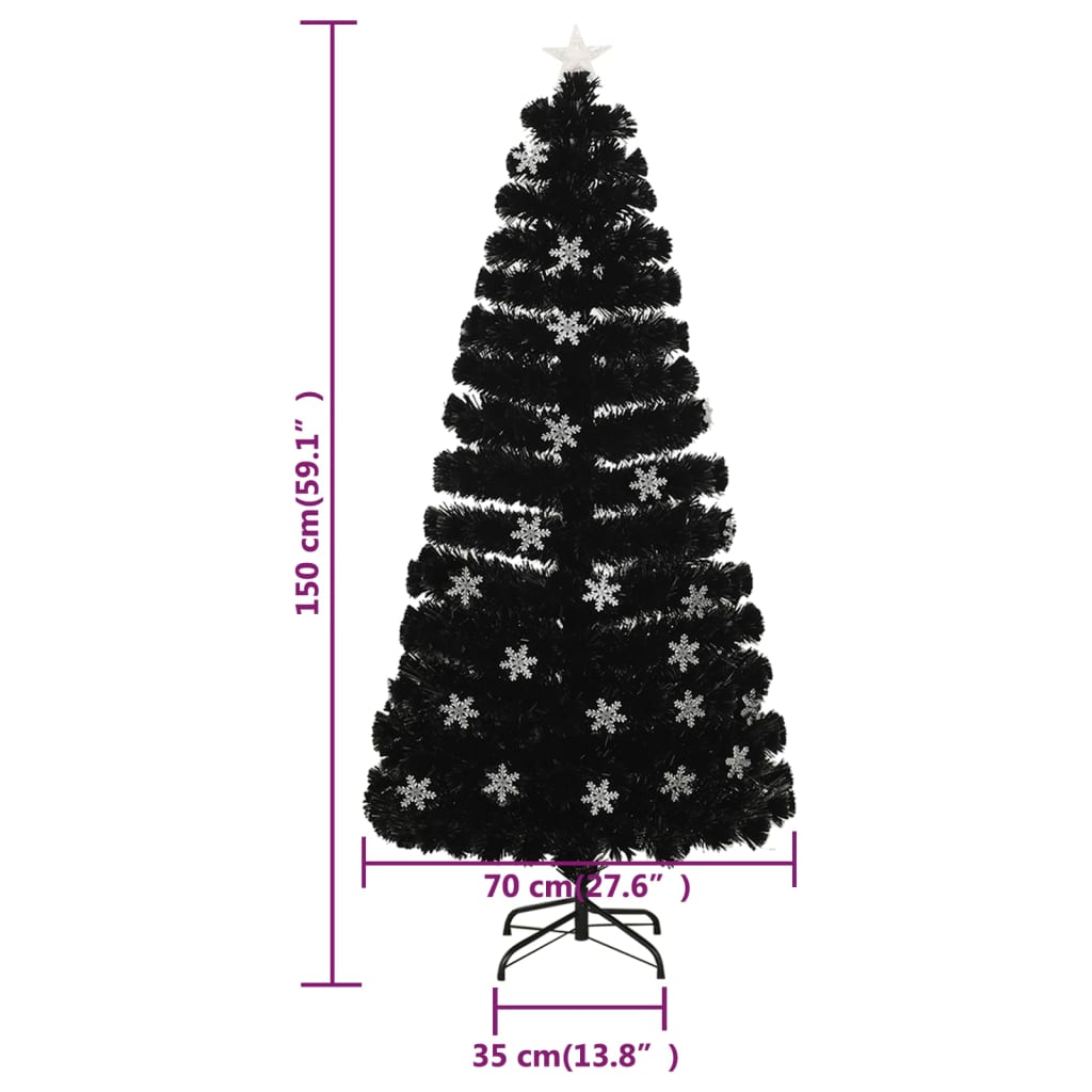 juletræ med LED-snefnug 150 cm fiberoptik sort