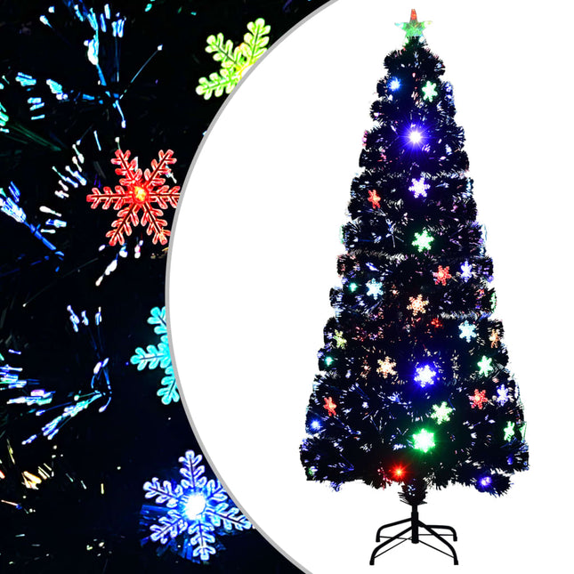 juletræ med LED-snefnug 180 cm fiberoptik sort