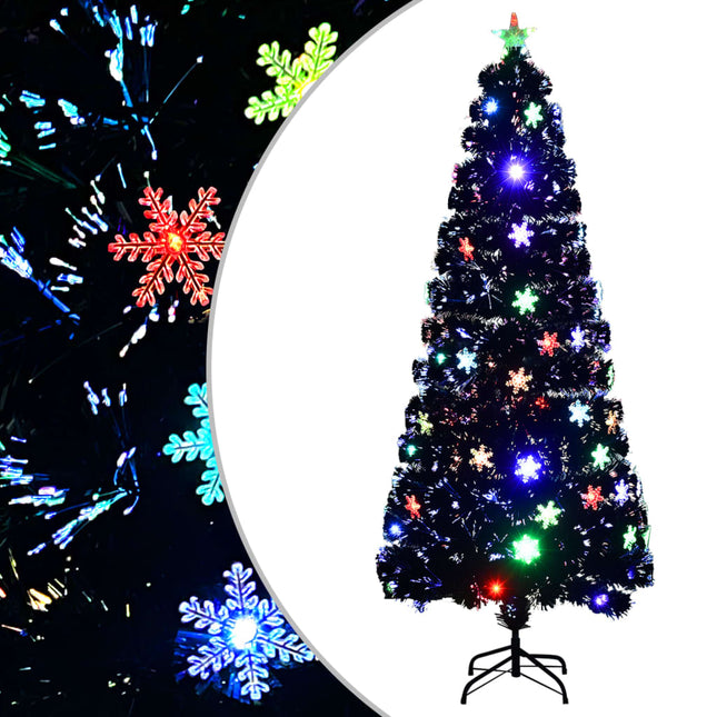 juletræ med LED-snefnug 210 cm fiberoptik sort