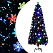 juletræ med LED-snefnug 210 cm fiberoptik sort